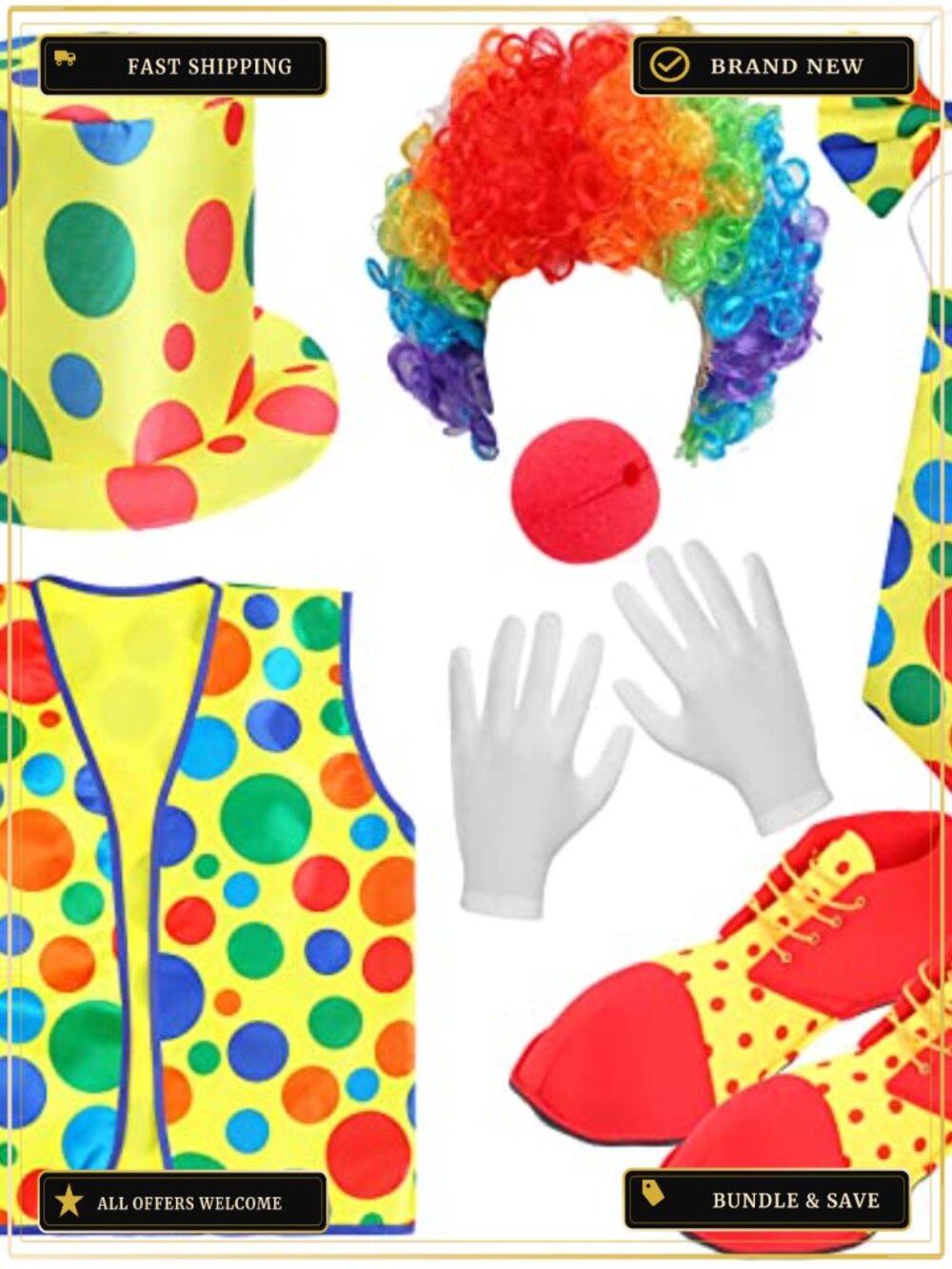 Clown Costume Accessory Set 8pc Wigs Hat Nose Tie Gloves Vest